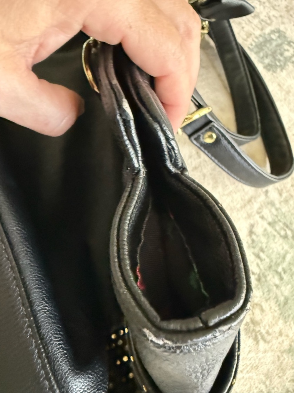 Betsey Johnson Black Tie Affair Quilted Tote - Gold Stud Details, Floral Lining - Picture 10 of 11